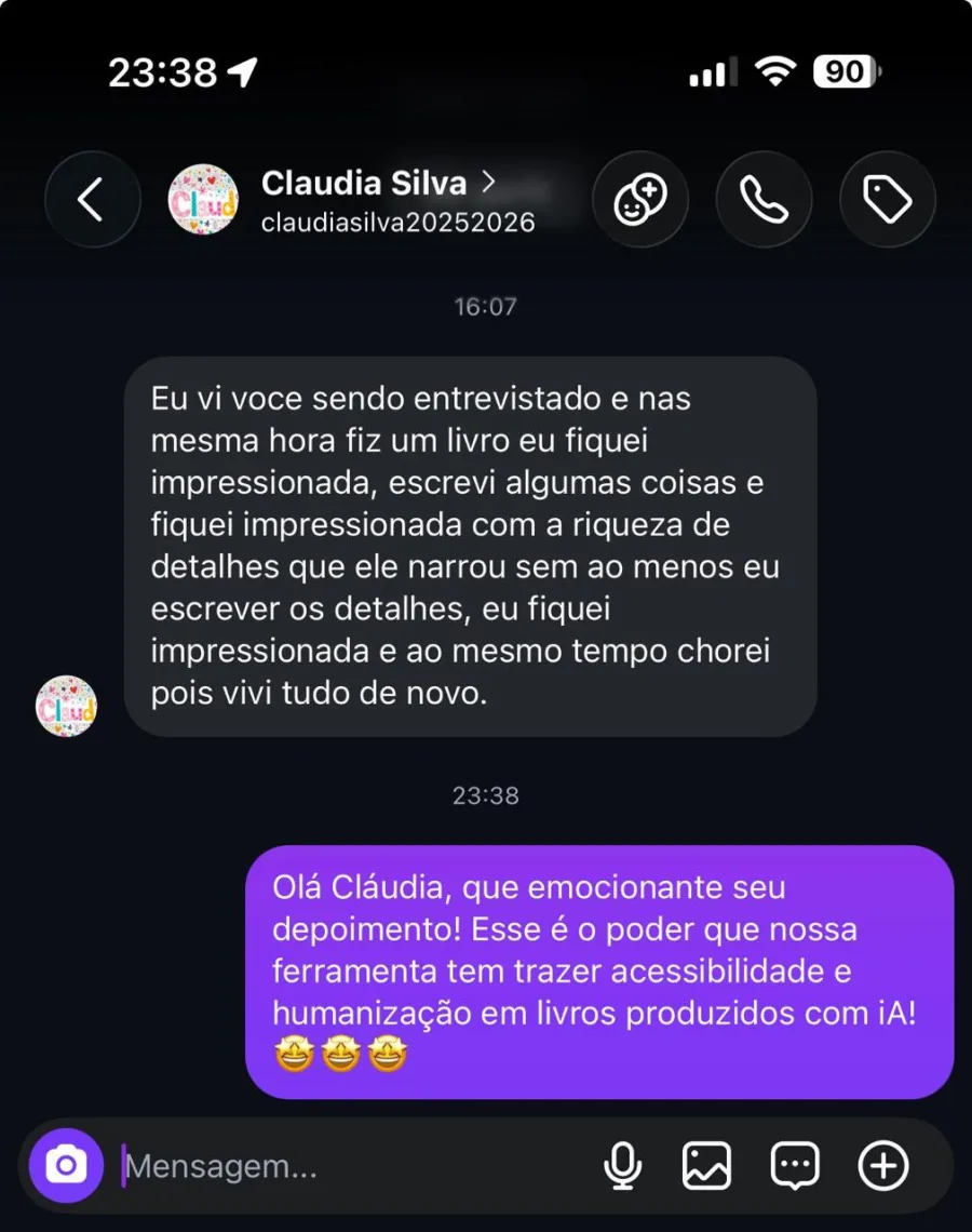 Depoimento de cliente da MeuLivroAI