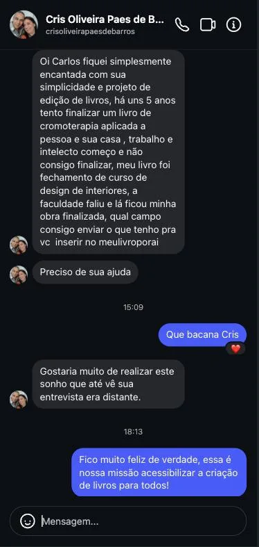 Depoimento de cliente da MeuLivroAI